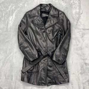 Sally & John Trench Coat Womens Small Black Leather Belted Waist Button Front